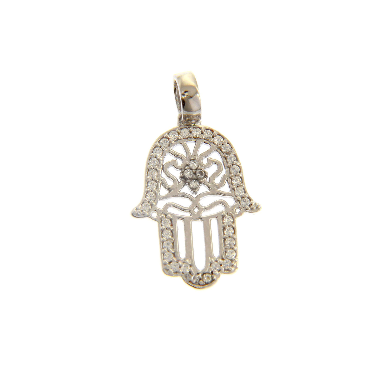 Ciondolo Mano di Fatima in Oro Bianco 18kt e Zirconi