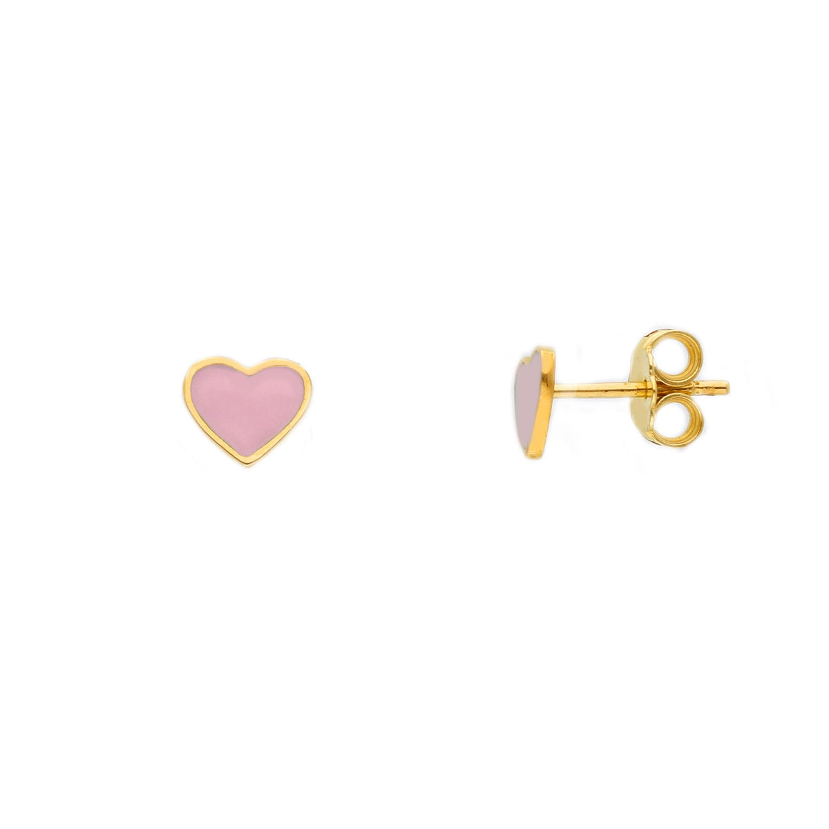 Maiocchi Gold Heart Earrings in 18kt Yellow Gold and Pink Enamel