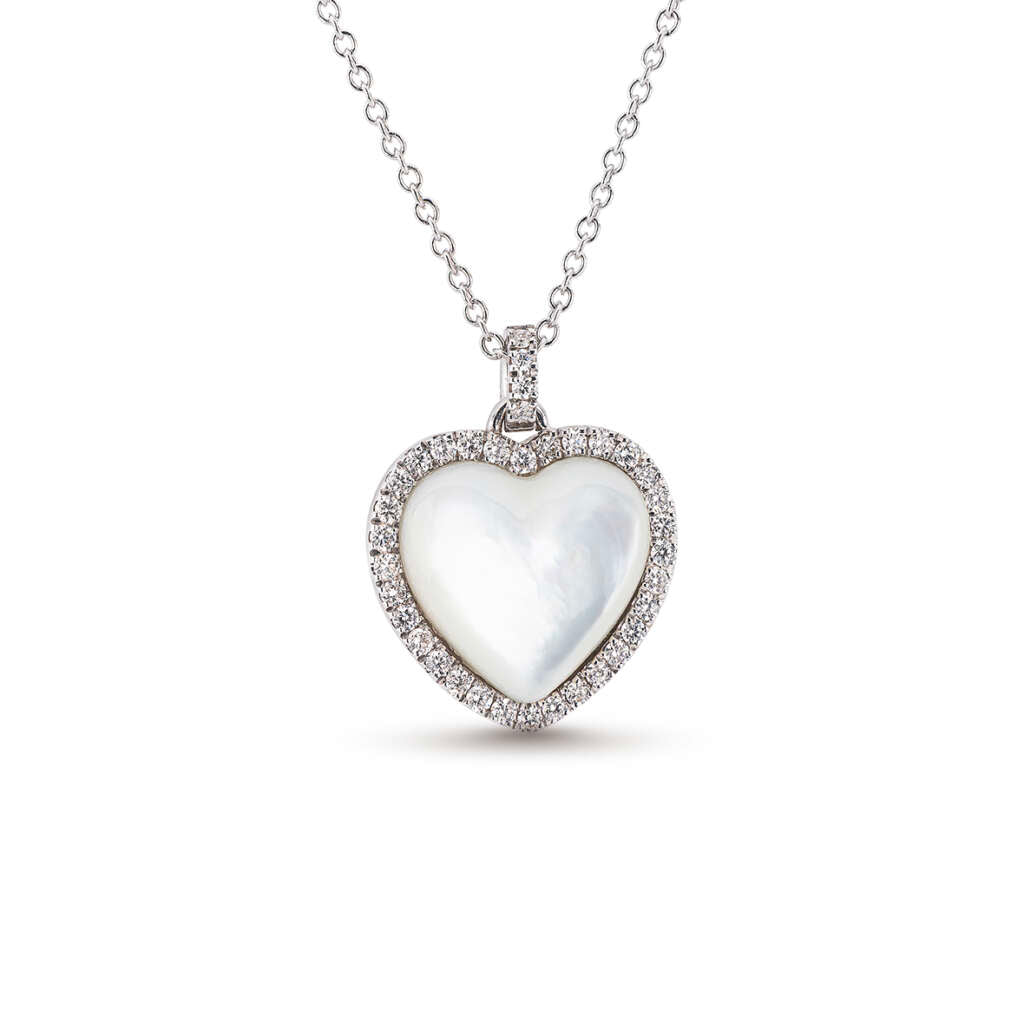 Polello Heart Choker Necklace in White Gold Mother of Pearl and Diamonds 3359