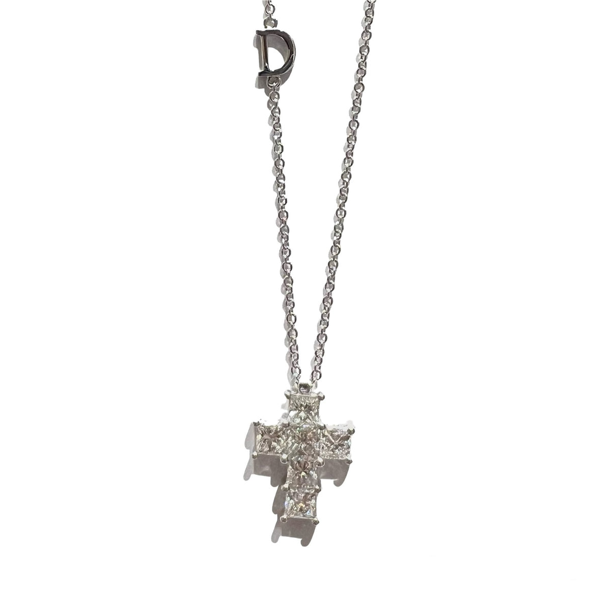 Damiani Cross Necklace in White Gold and Princess Cut Diamonds