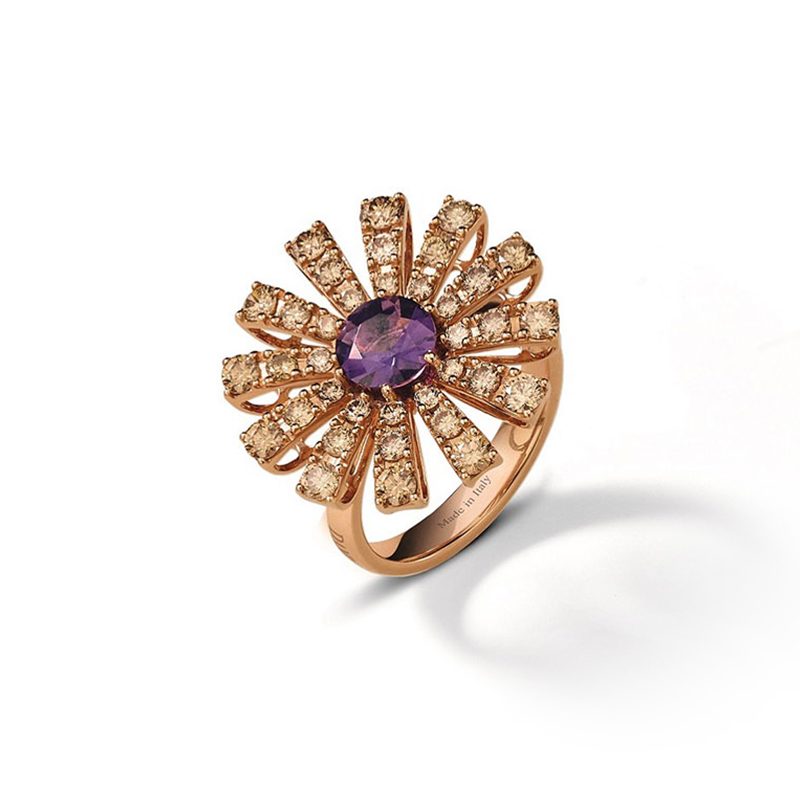 Damiani Anello Margherita Oro Rosa Diamanti Brown e Ametista