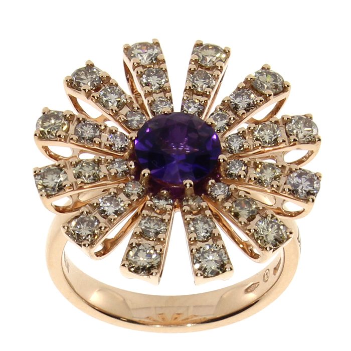 Damiani Anello Margherita Oro Rosa Diamanti Brown e Ametista