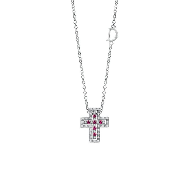 Damiani Collana Croce Belle Epoque Oro Bianco Diamanti e Rubini