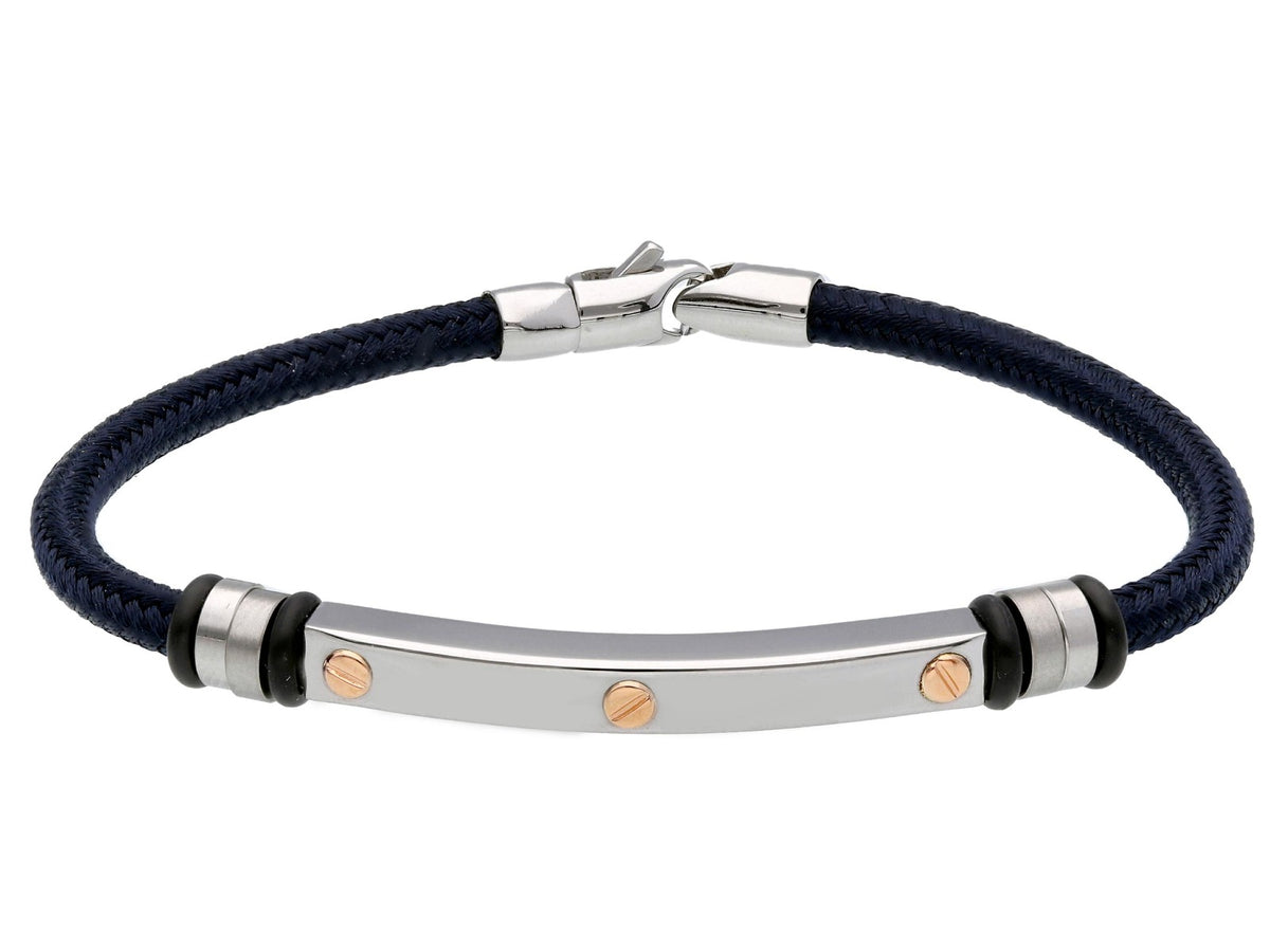 Bracciale Blu Scuro Con Piastra Acciaio e Viti Oro Giallo 18kt