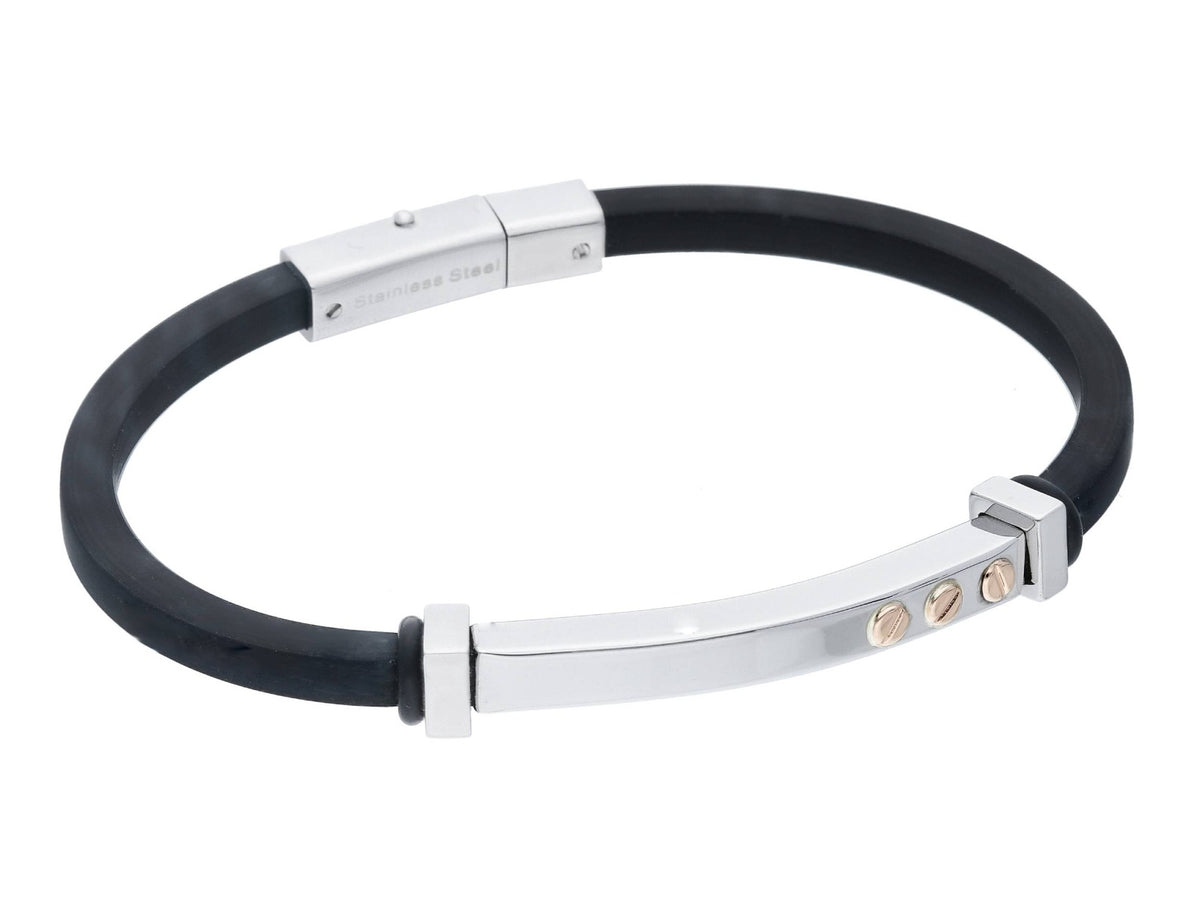 Steel bracelet with steel plate and 18kt rose gold screws