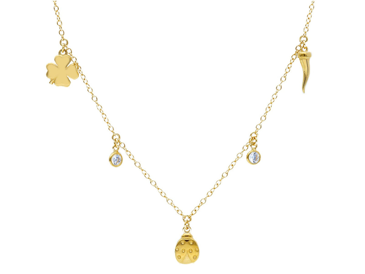 Four-leaf clover and ladybug croissant necklace in 18kt yellow gold
