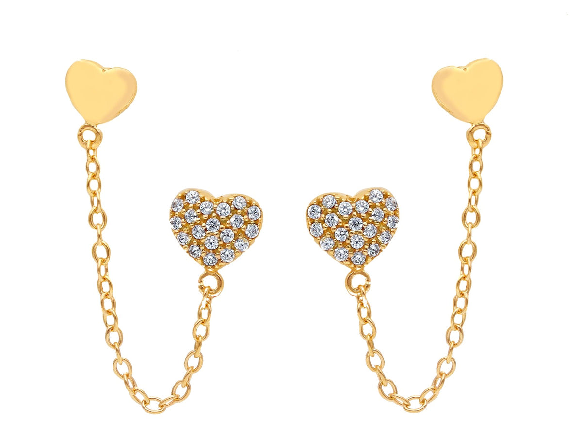 Orecchini Cuore con Catenella in Oro Giallo 18kt e Zirconi