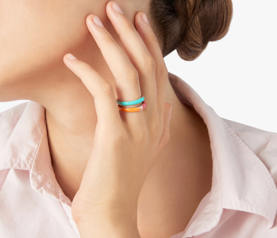 Dodo Anello Rondelle Argento Dorato Oro Rosa 18kt e smalto arancio rosa