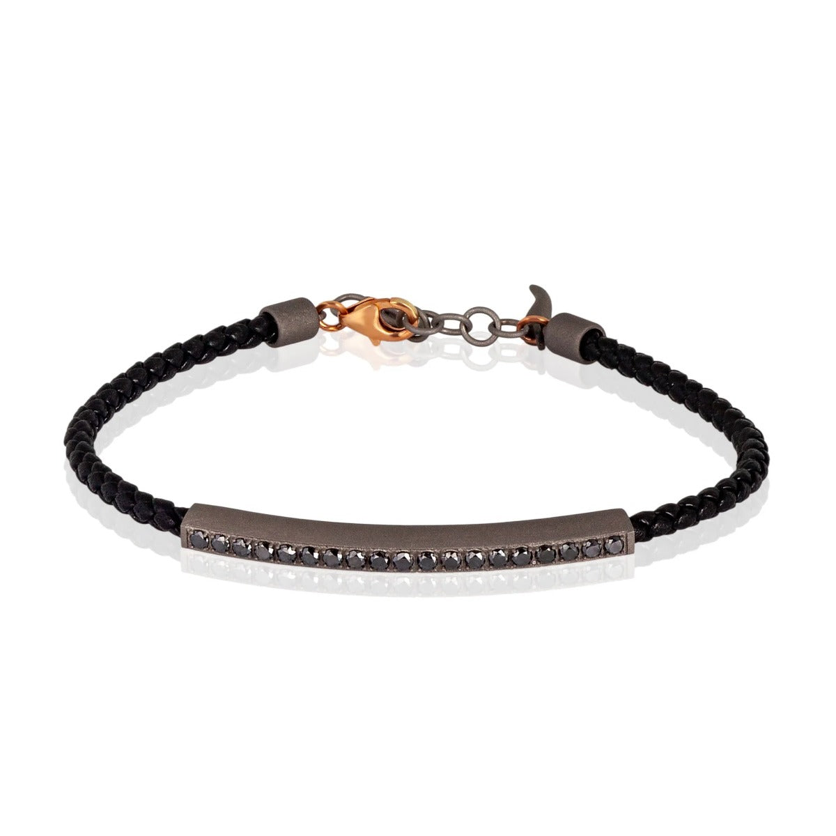 Mano Jewels Bracciale in Titanio con Cordino in Pelle Nera e Diamanti Black e Chiusura Oro Rosa 9kt