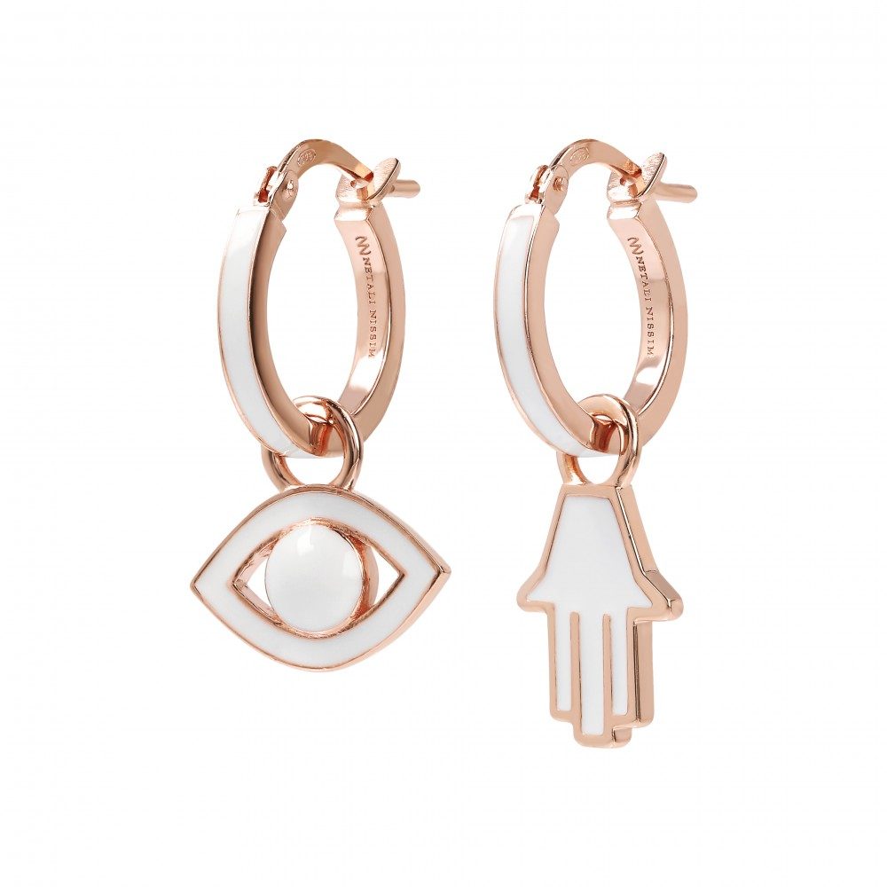 Netali Nissim Small Hand and Eye Earrings in White Enamel