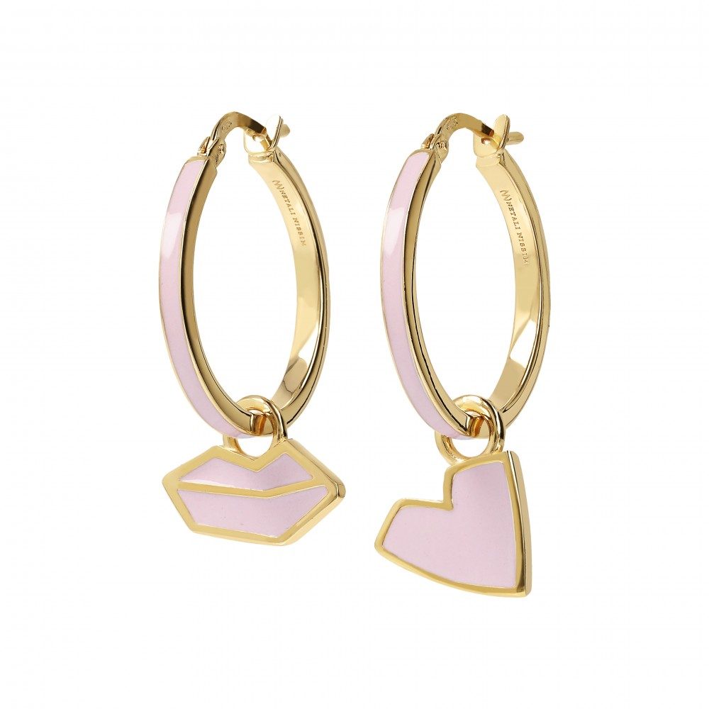 Netali Nissim Small Golden Heart Lips Earrings Pink Enamel