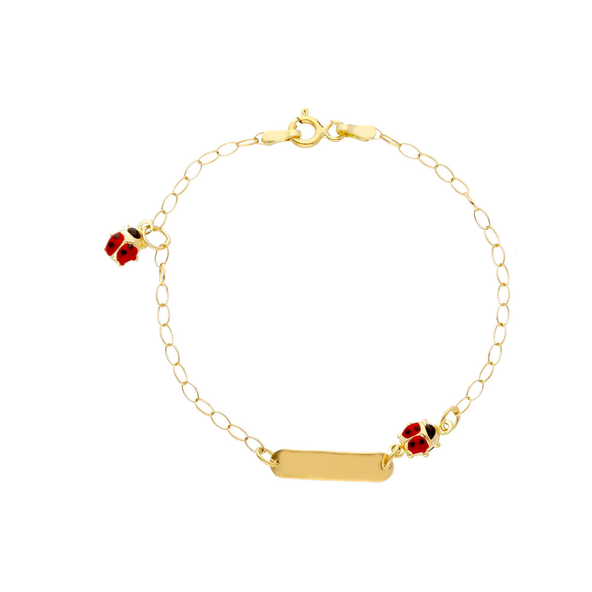 Bracciale Targhetta e 2 Coccinelle Smalto Rosso in Oro Giallo 18kt