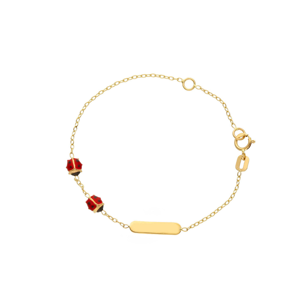 Bracciale Targhetta e 2 Coccinelle Smalto Rosso in Oro Giallo 18kt