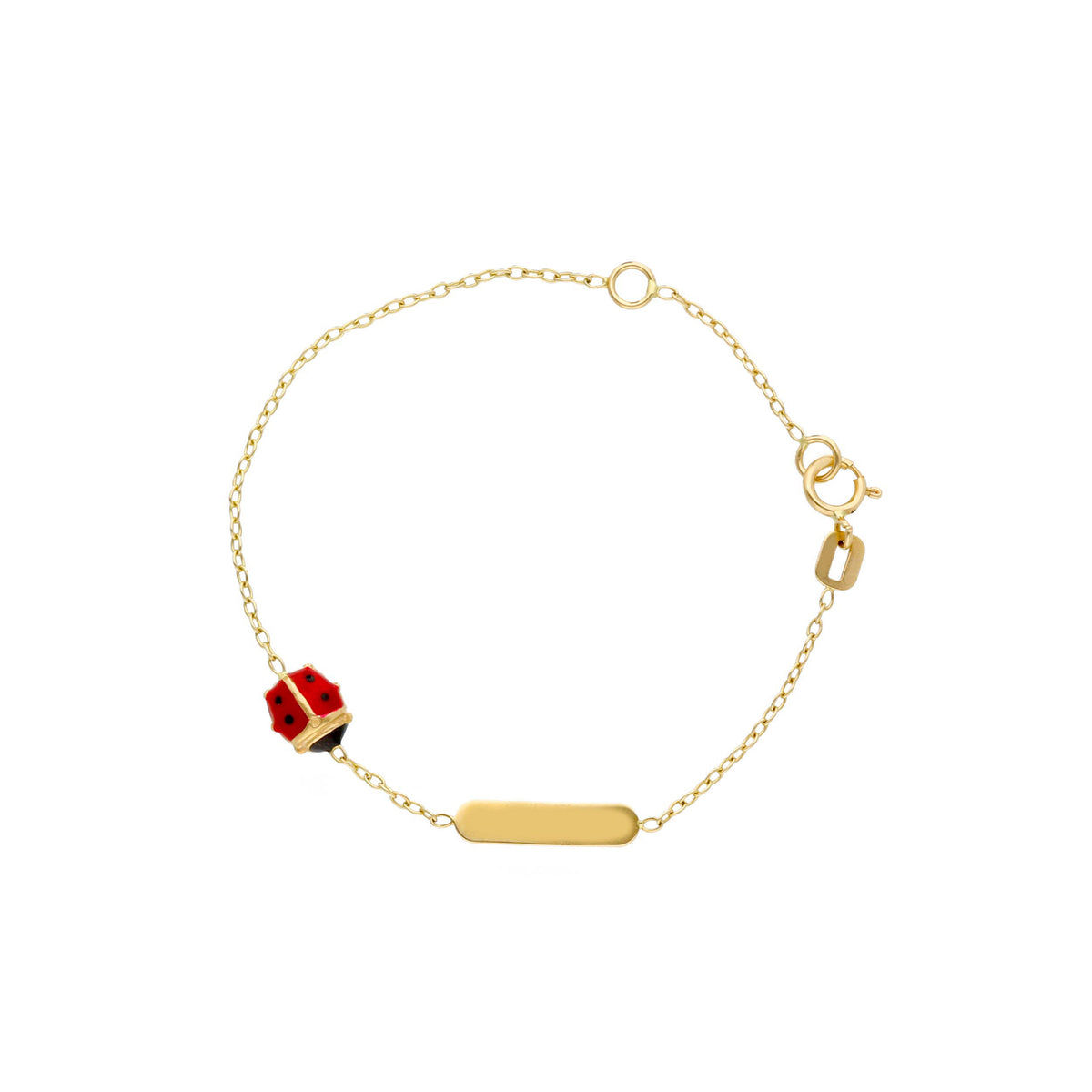 Bracciale Targhetta e Coccinella Smalto Rosso in Oro Giallo 18kt