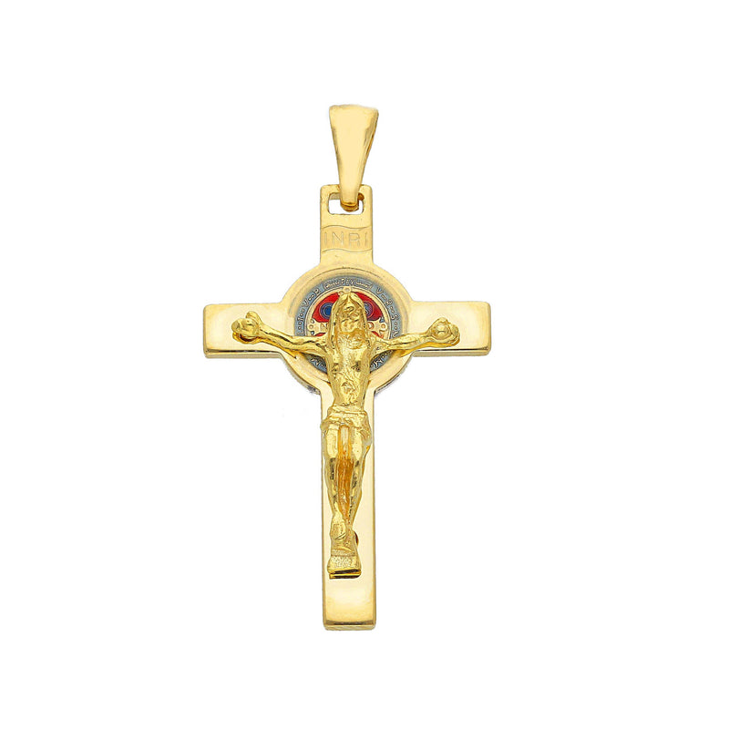 Croce S. Benedetto con Cristo in Oro Giallo 18kt e Smalto