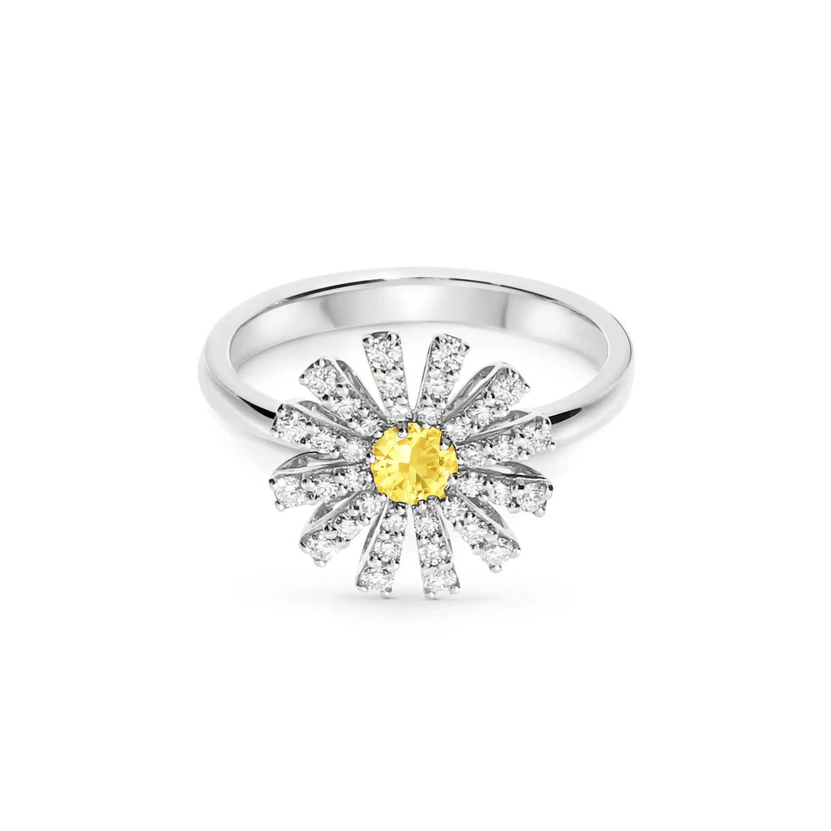 Damiani Anello Margherita in Oro Bianco, Diamanti e Zaffiro Giallo 12 MM