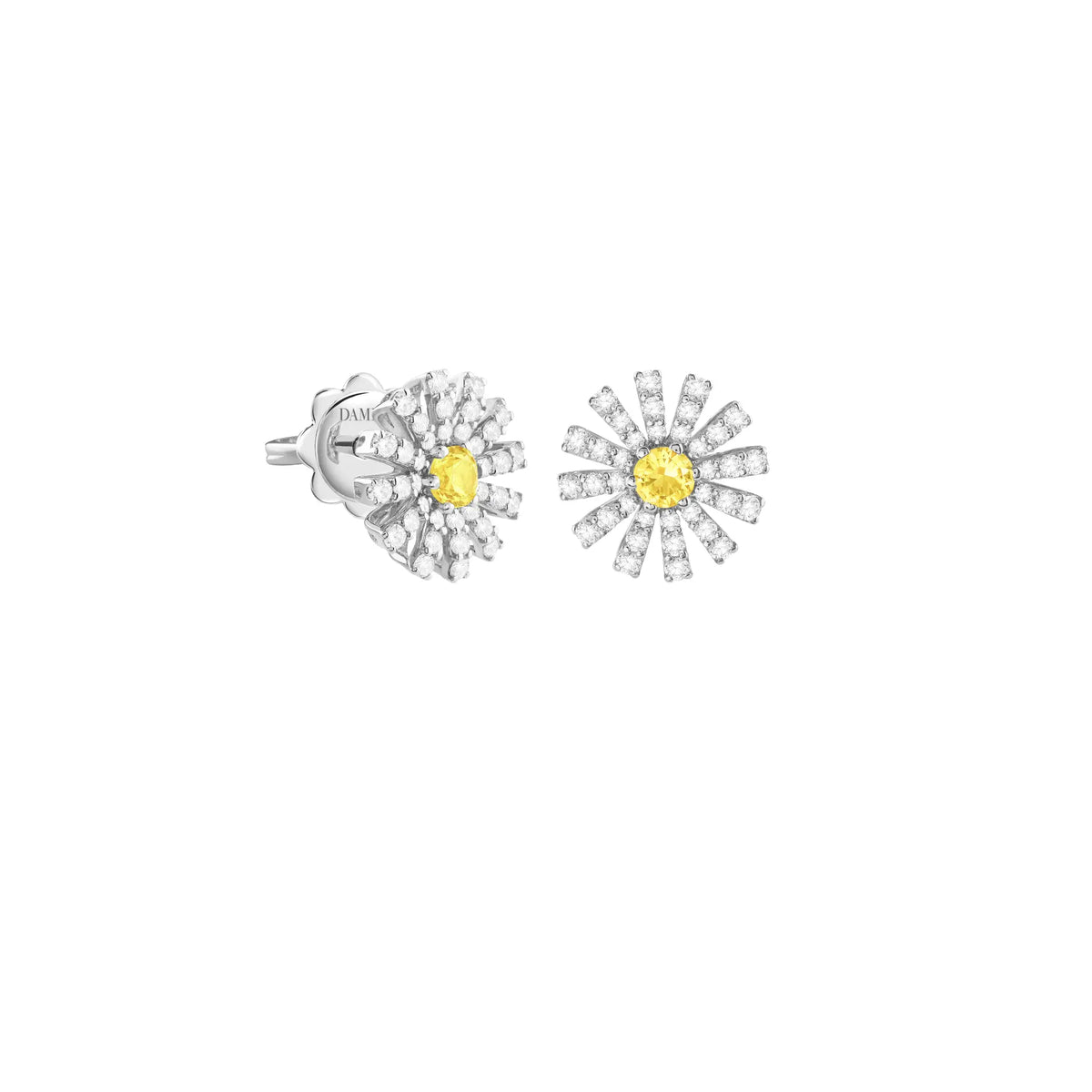 Damiani Orecchini Margherita in Oro Bianco Diamanti e Zaffiro Giallo 10 MM