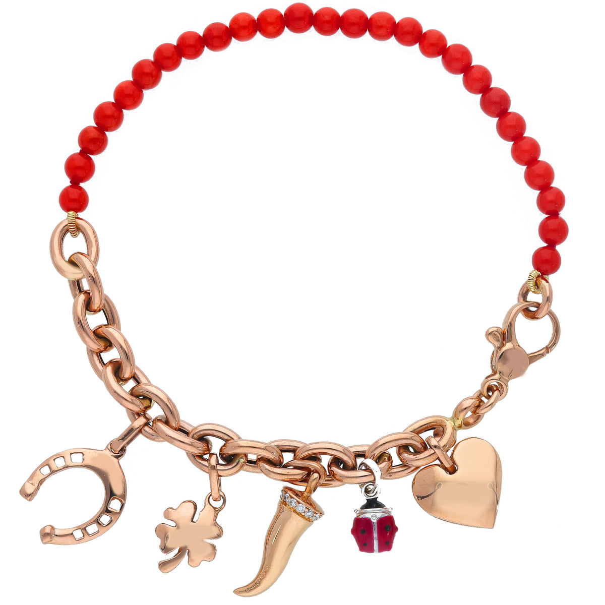 Maiocchi Milano Bracciale Lucky Charms Oro Rosa 18kt, Corallo Rosso e Diamanti