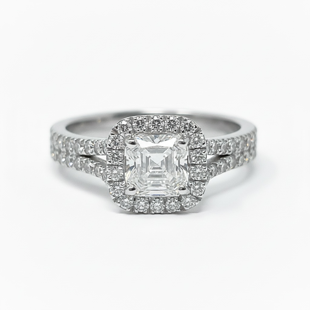 Maiocchi Milano Anello Solitario Oro Bianco e Diamante Asscher ct 1,01 F VS1 + 0,30