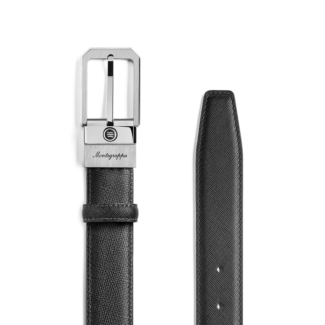 Montegrappa Signet Cintura Pelle Saffiano Nero/Blu Fibbia 30 mm IP Palladio