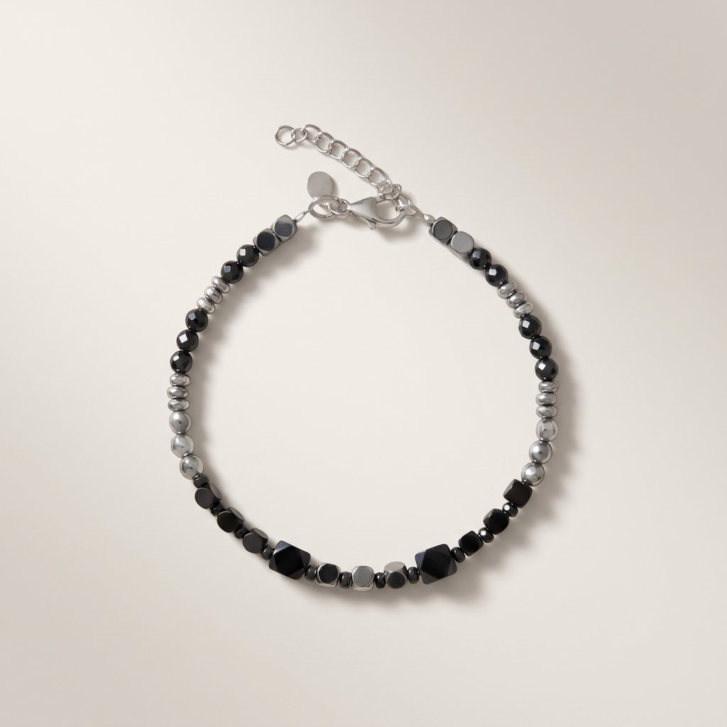 Bracciale Uomo Ematite Black&White Cubes e Rondelle "Ipnotico" (22 cm)