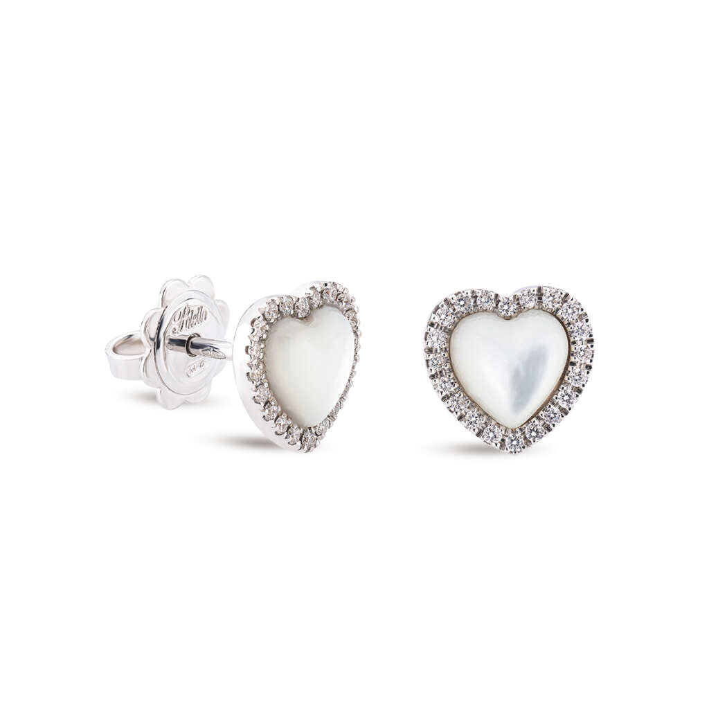 Polello Heart Earrings in White Gold Mother of Pearl and Diamonds 3360