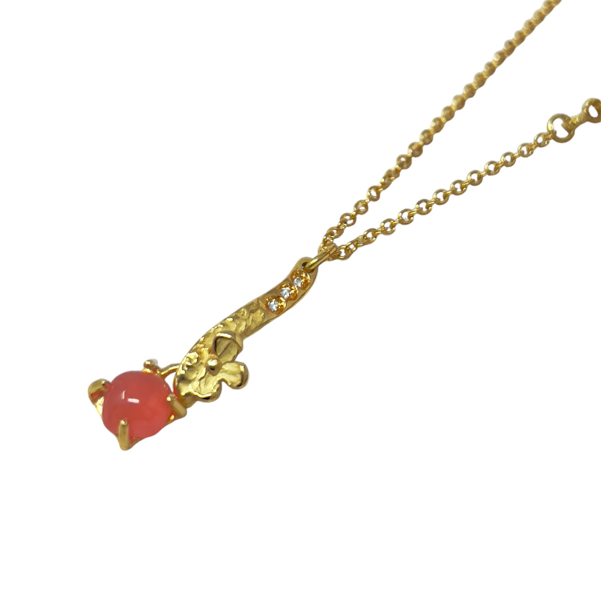 Quail Necklace in Yellow Gold, Rhodochrosite and Diamonds D909