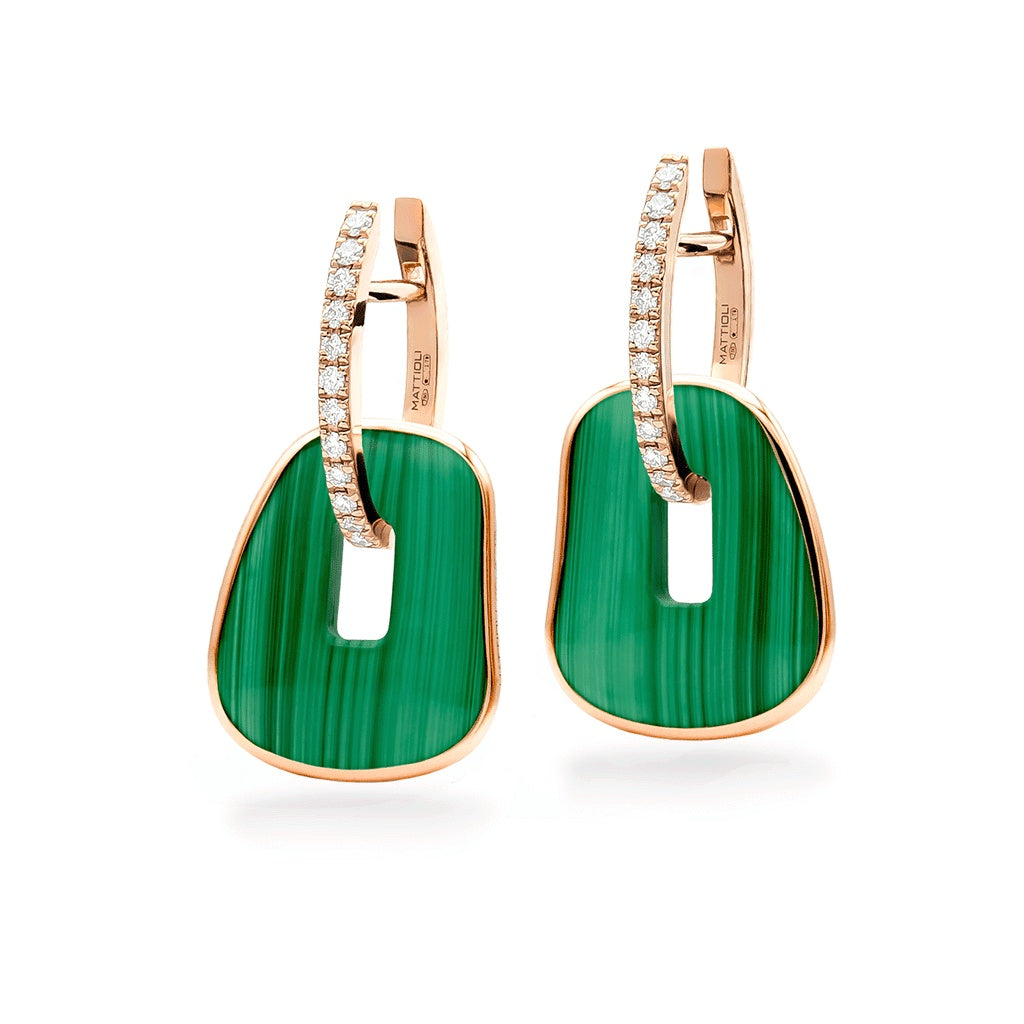 Mattioli Orecchini Puzzle Solo Oro Rosa Diamanti e Malachite