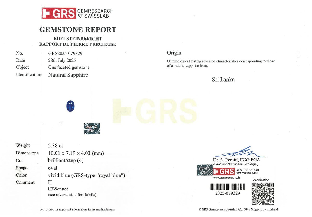Certificato GRS zaffiro 2,38 ct Sri Lanka GRS2025-079329