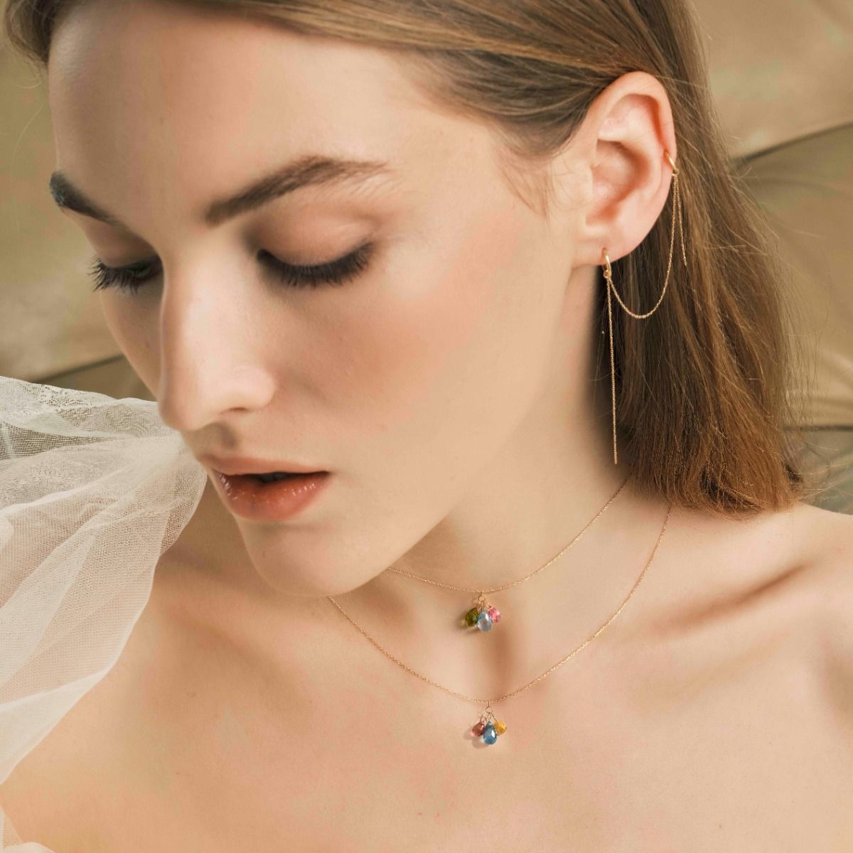 Maman et Sophie Girocollo Oro Giallo 18kt 3 Gocce Verde Azzurro Rosa GCDRPVAR