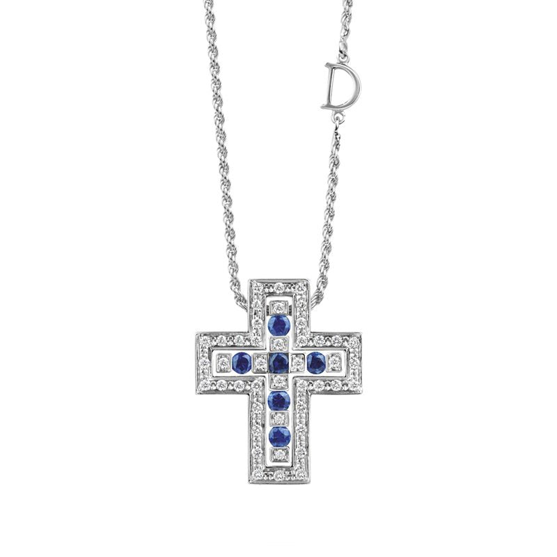  Damiani Belle Epoque Cross Necklace in White Gold, Diamonds and Sapphires