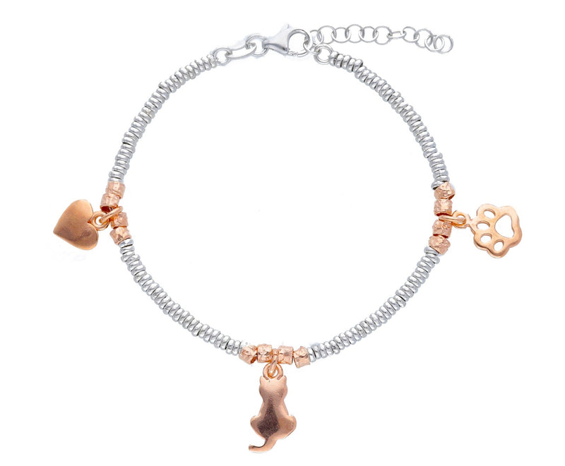  Maiocchi Silver Heart, Cat and Paw Bracelet in Pink Silver