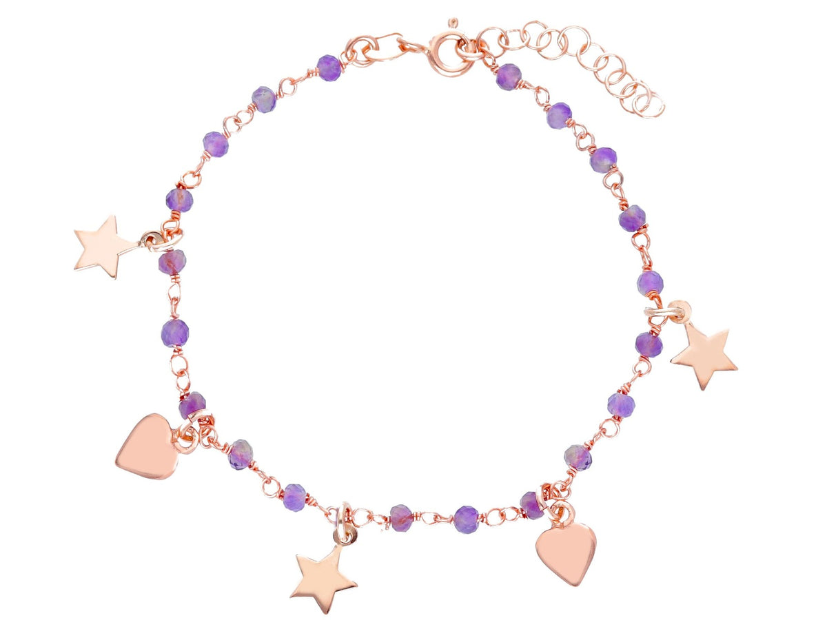 Maiocchi Silver Bracciale Stelle e Cuori Argento Rosato e Cristalli Lilla