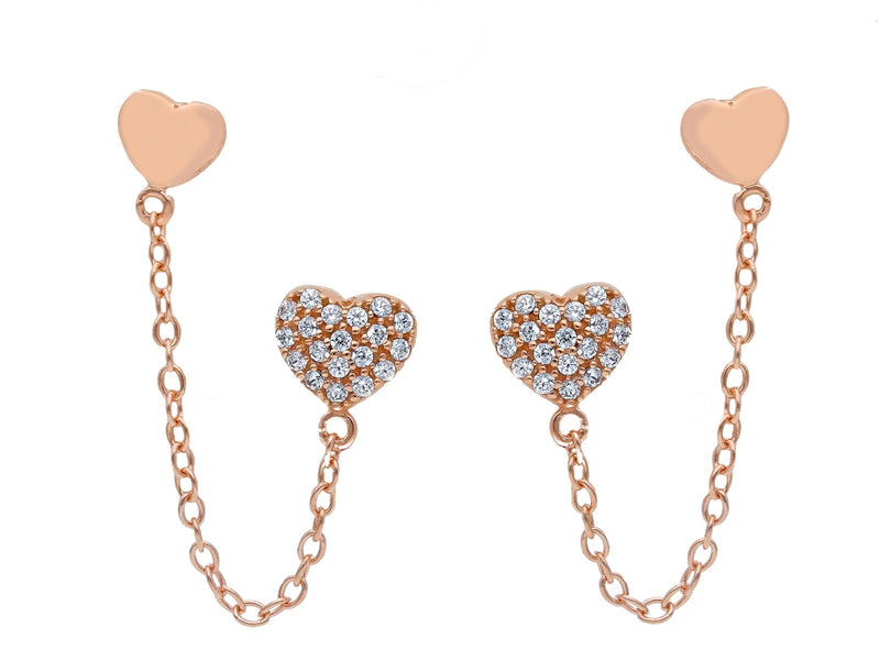 Orecchini Cuore con Catenella in Oro Rosa 18kt e Zirconi