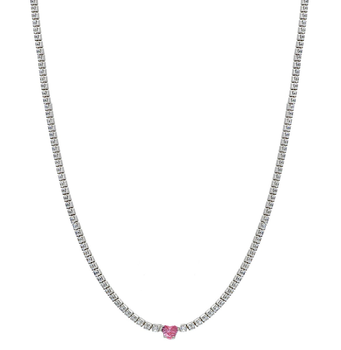  Maiocchi Silver Silver Tennis Necklace with Pink Heart