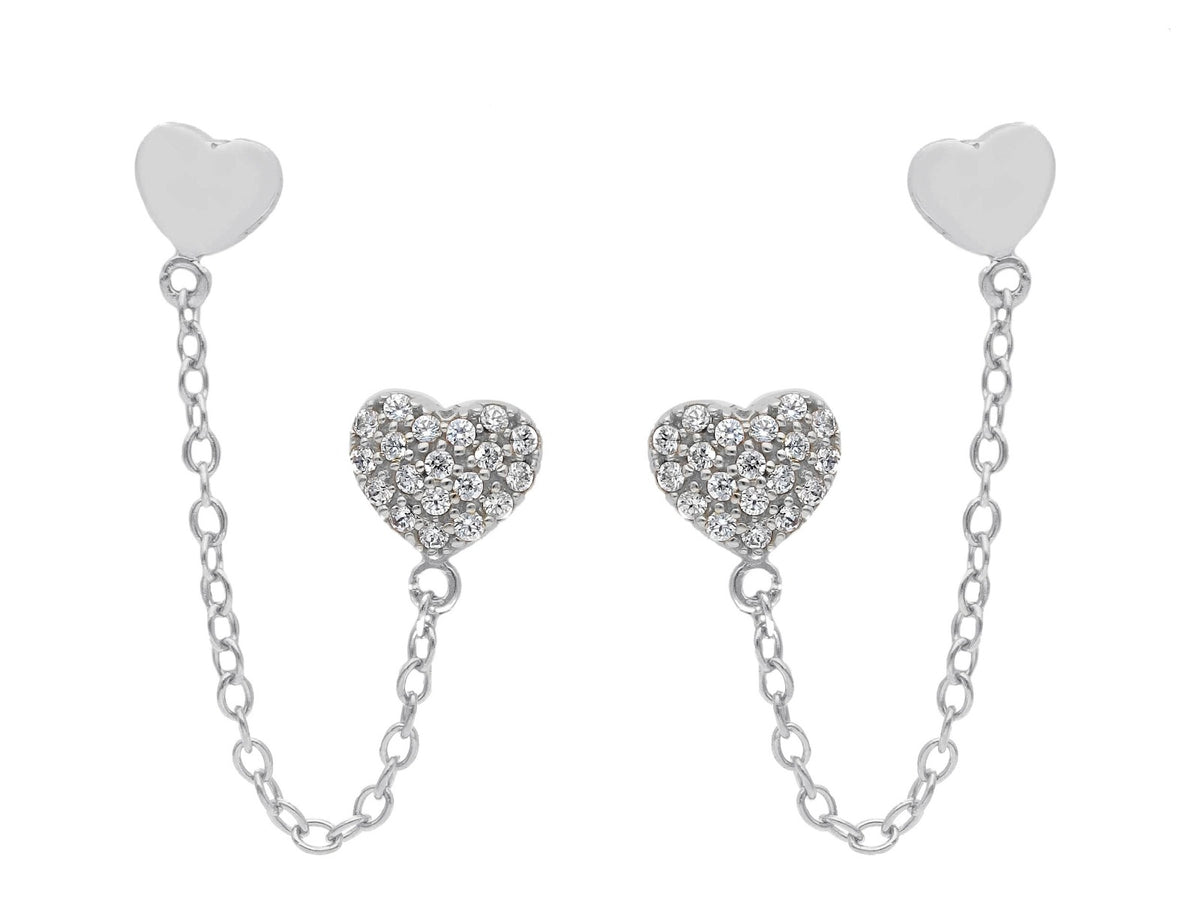 Orecchini Cuore con Catenella in Oro Bianco 18kt e Zirconi