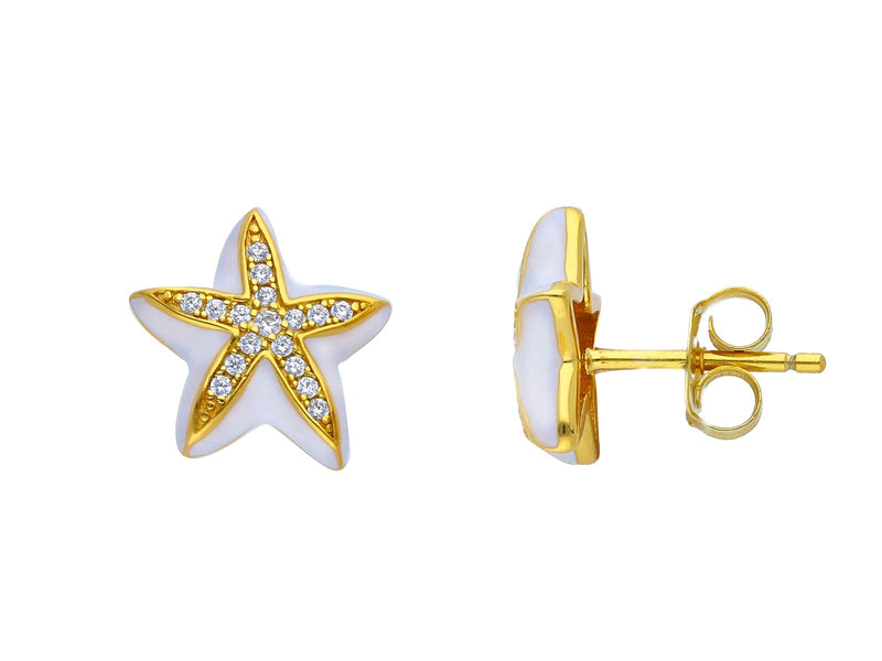  Maiocchi Silver Starfish Earrings in Gold-Tone Silver, Zircons and White Enamel