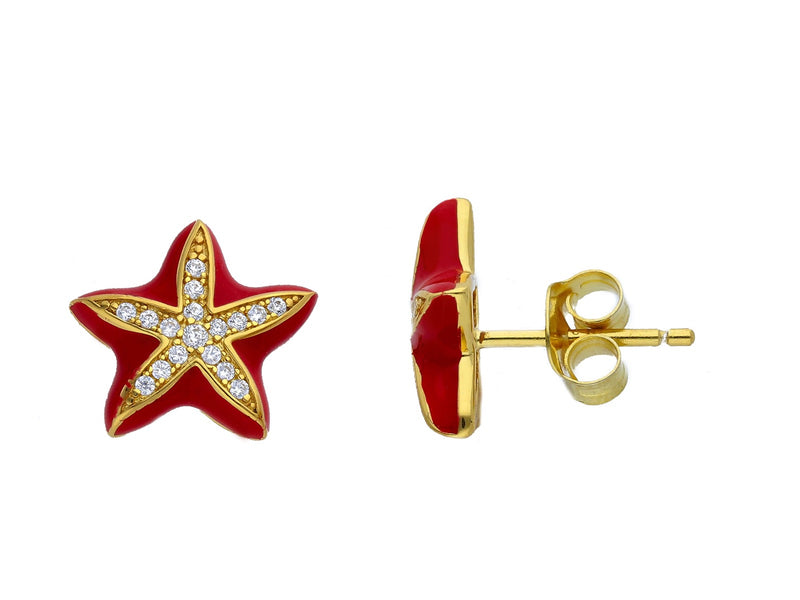 Maiocchi Silver Starfish Earrings in Gold-Tone Silver, Zircons and Red Enamel