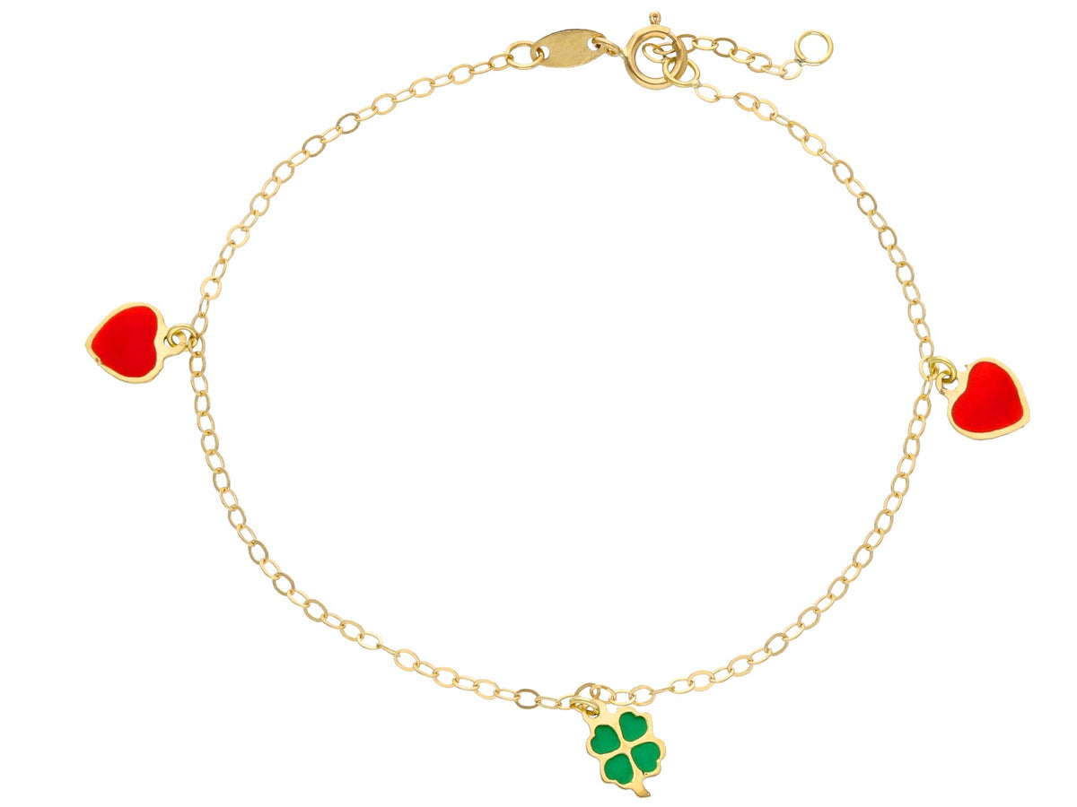  Four-leaf clover and hearts bracelet in 18kt yellow gold and enamel