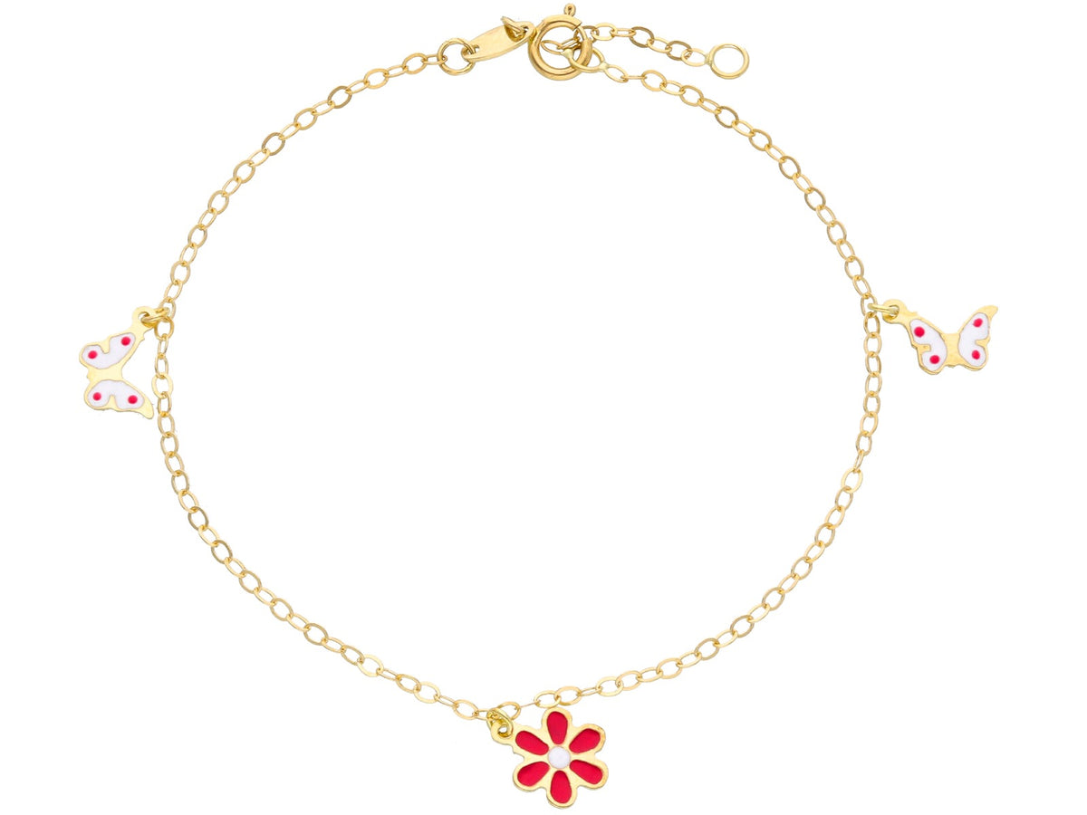  Flower and Butterfly Bracelet in 18kt Yellow Gold and Enamel