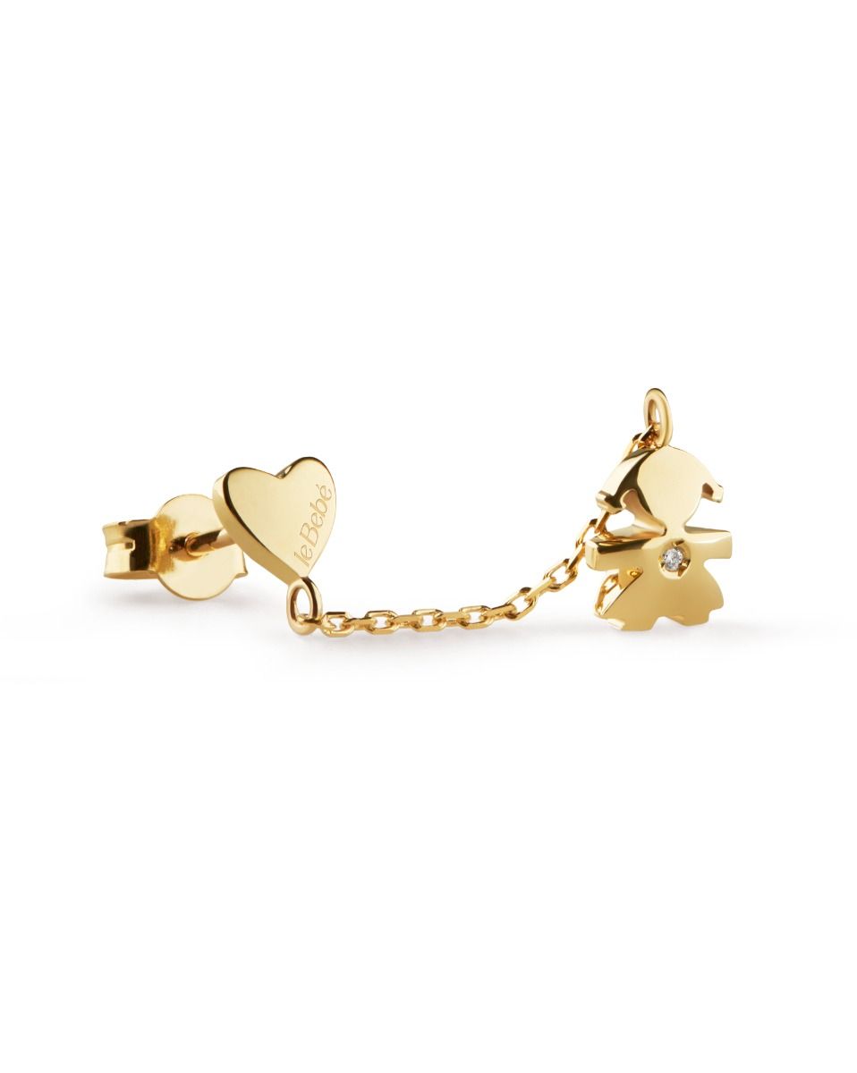 Le Bebè Les Petites Mono Orecchino Bimba e Cuore Oro Giallo e Diamante LBB713