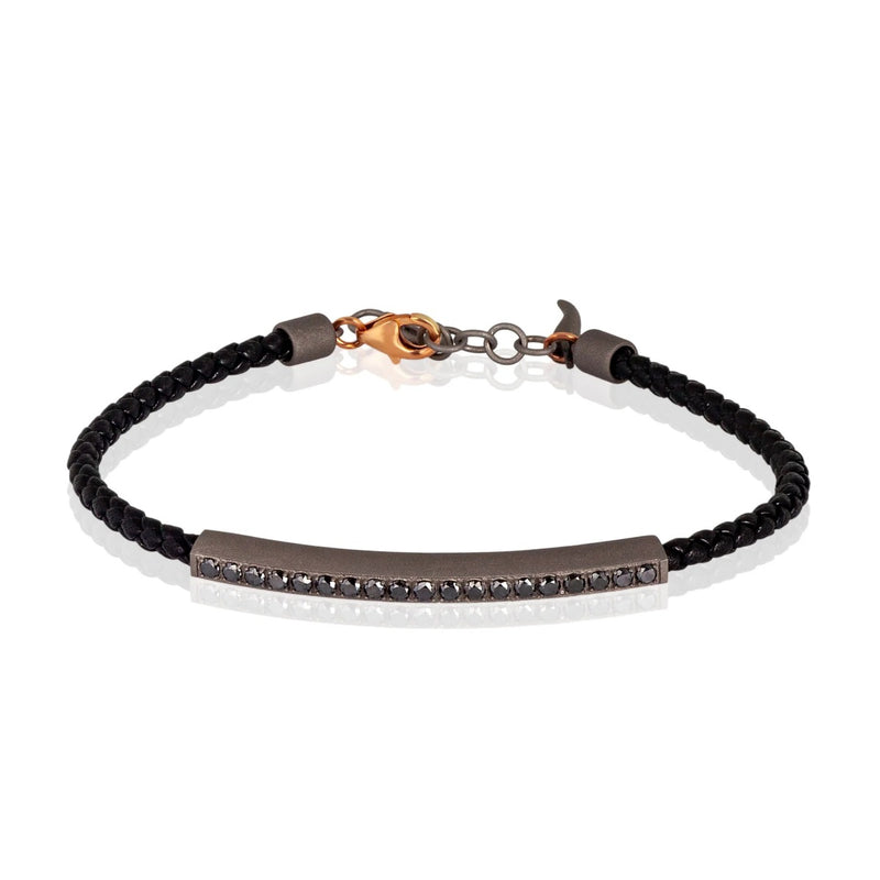  Mano Jewels Titanium Bracelet with Black Leather Cord and Black Diamonds and 9kt Rose Gold Clasp