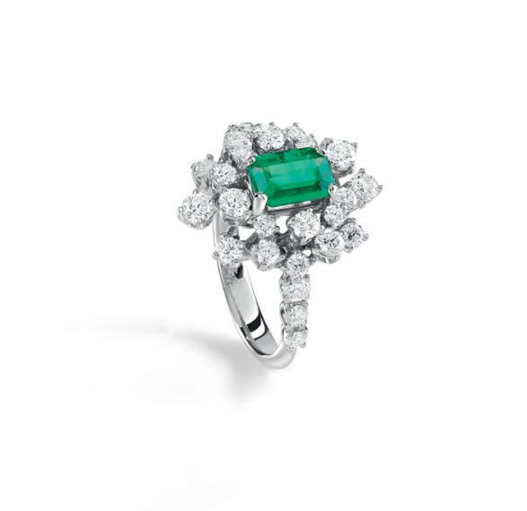 Damiani Anello Mimosa in Oro Bianco Diamanti e Smeraldo