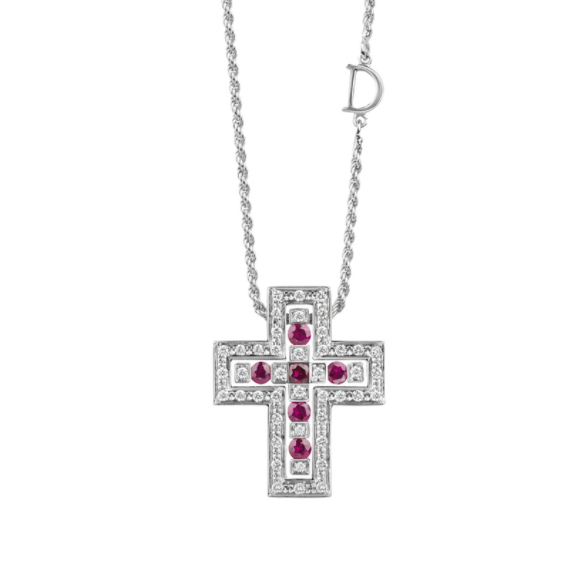 Damiani Collana Croce Belle Epoque in Oro Bianco Diamanti e Rubini